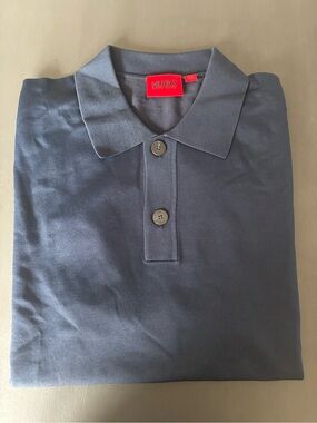 HUGO Navy Blue Short-Sleeve Polo with Red Logo Tag